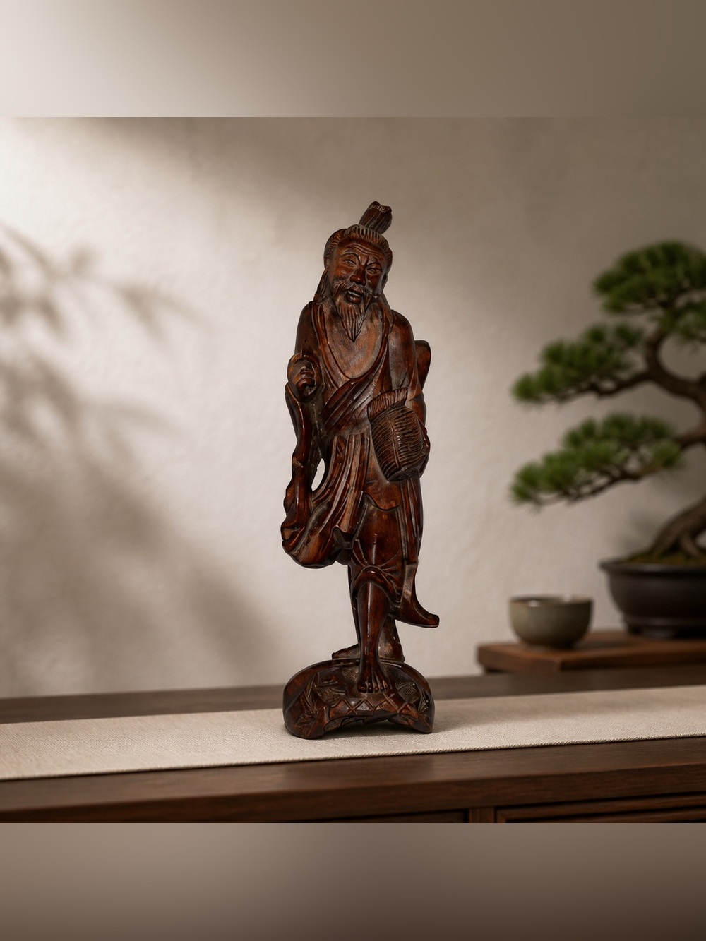 Vintage Chinese Wooden Handcarved Fisherman Figurine Statue No Pole